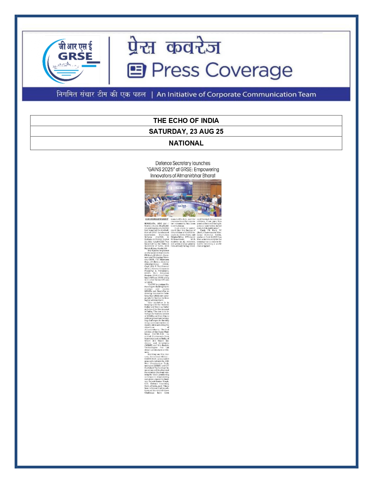 Press Coverage : 23 Aug 25:Defence Secretary launches 3rd edition of unique innovation challenge by GRSE